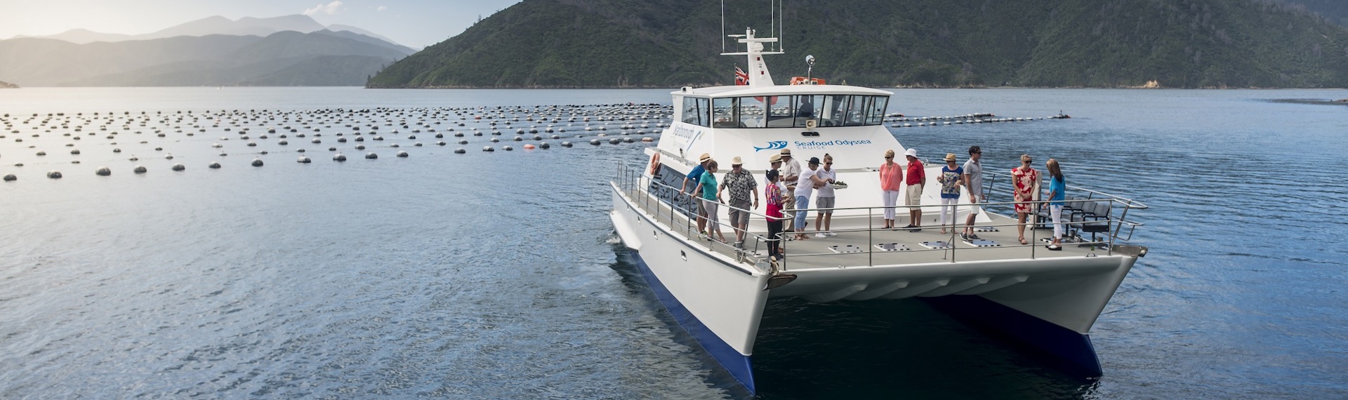 MV Odyssea is a large catamaran, ideal for a variety of cruises for groups, corporate and private events in New Zealand's Marlborough Sounds.