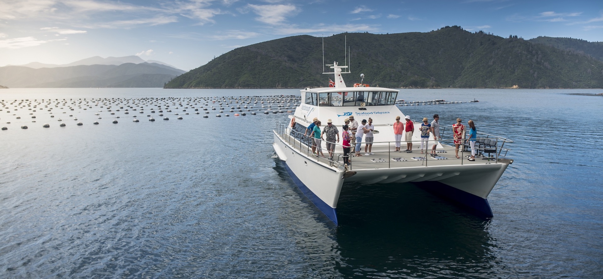MV Odyssea is a large catamaran, ideal for a variety of cruises for groups, corporate and private events in New Zealand's Marlborough Sounds.
