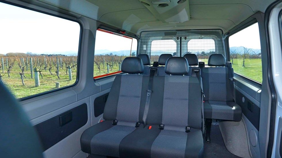 Inside one of our vans parked in a vineyard on a wine tour, near Blenheim in Marlborough at the top of New Zealand's South Island.