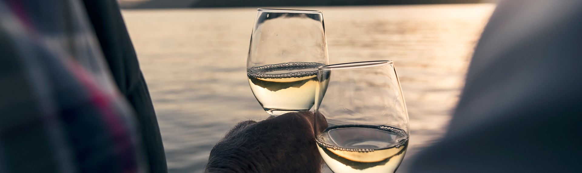 Close up of hands holding wine glasses with the Marlborough Sounds in the background at sunset - the top of New Zealand's South Island