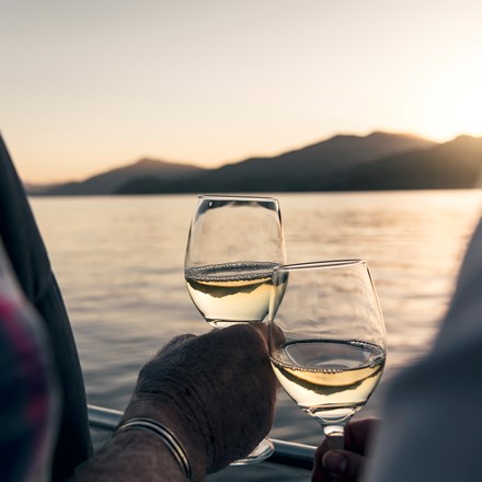 Close up of hands holding wine glasses with the Marlborough Sounds in the background at sunset - the top of New Zealand's South Island