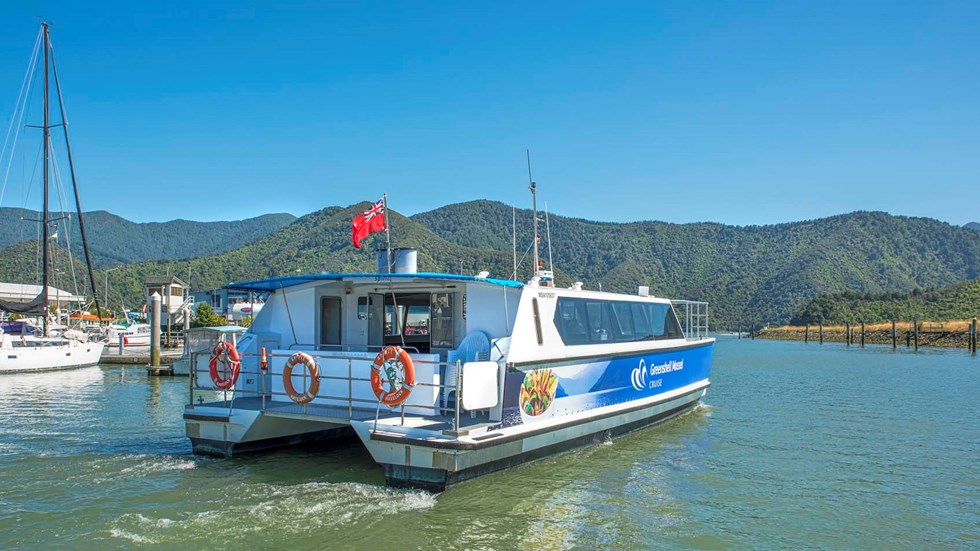 MV Spirit leaves Havelock Marina on the original Greenshell Mussel Cruise in the Marlborough Sounds, at the top of New Zealand's South Island.