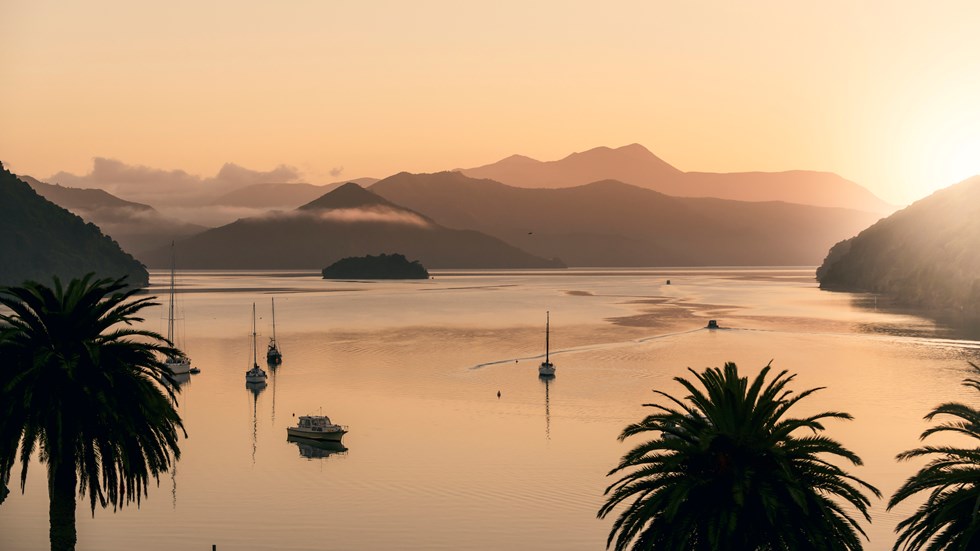 Orange sunrise over Picton Harbour and the Queen Charlotte Sound/Totaranui, at the top of New Zealand's South Island..