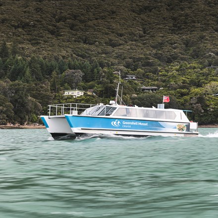 Marlborough Tour Company vessel MV Spirit cruises through Pelorus Sound from Havelock in New Zealand's Marlborough Sounds.