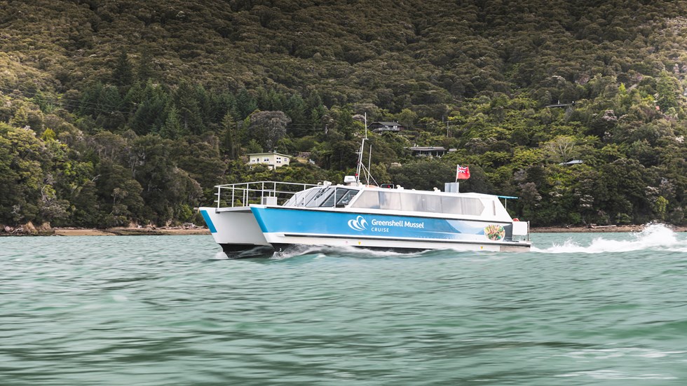 Marlborough Tour Company vessel MV Spirit cruises through Pelorus Sound from Havelock in New Zealand's Marlborough Sounds.