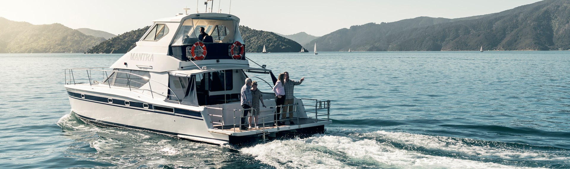 MV Mantra is ideal for small-medium group cruises and water-based transfers from Picton in New Zealand's Marlborough Sounds.