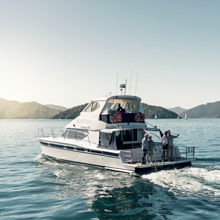 MV Mantra is ideal for small-medium group cruises and water-based transfers from Picton in New Zealand's Marlborough Sounds.