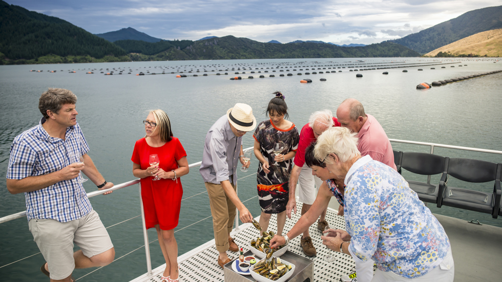 A group enjoys Greenshell mussels and wine onboard MV Spirit on a Marlborough Tour Company cruise in the Marlborough Sounds, at the top of New Zealand's South Island