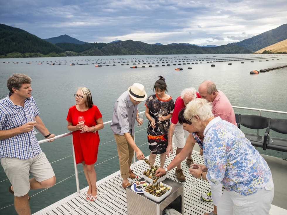 A group enjoys Greenshell mussels and wine onboard MV Spirit on a Marlborough Tour Company cruise in the Marlborough Sounds, at the top of New Zealand's South Island