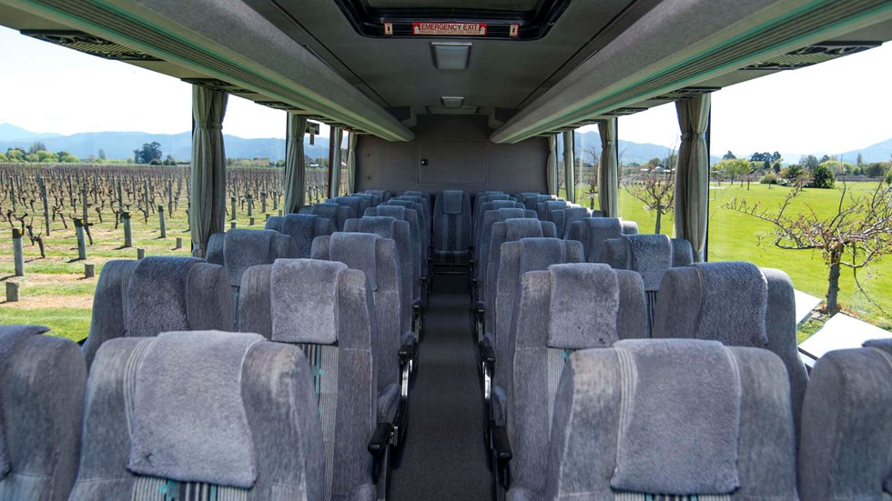 Interior of one of our buses on a Marlborough Tour Company group wine tour, near Blenheim in Marlborough at the top of New Zealand's South Island
