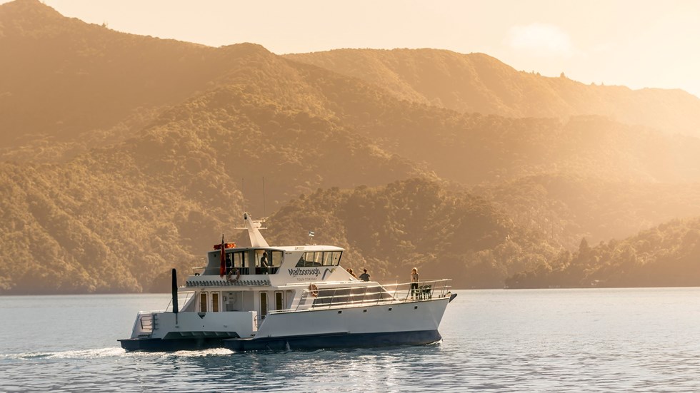 Marlborough Tour Company's MV Odyssea cruises through New Zelaand's Marlborough Sounds from Picton.