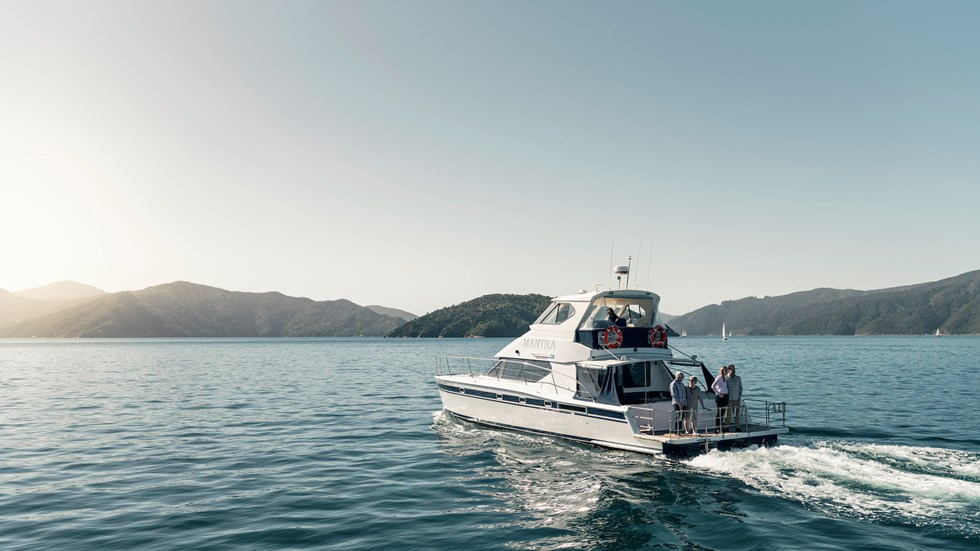 Marlborough Tour Company's MV Mantra cruises New Zealand's spectacular Marlborough Sounds with guests aboard a Seafood Odyssea cruise from Picton.